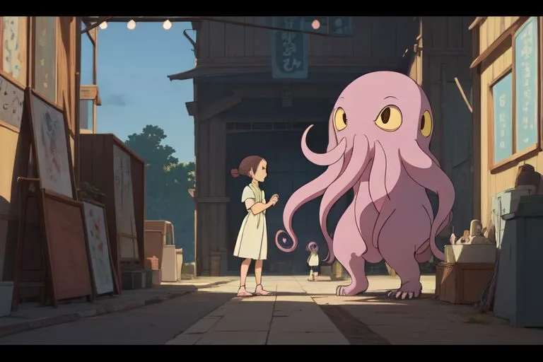 a woman standing next to a giant pink octopus