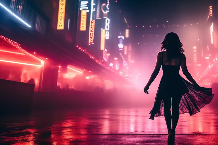 a woman walking down a street at night 16:9