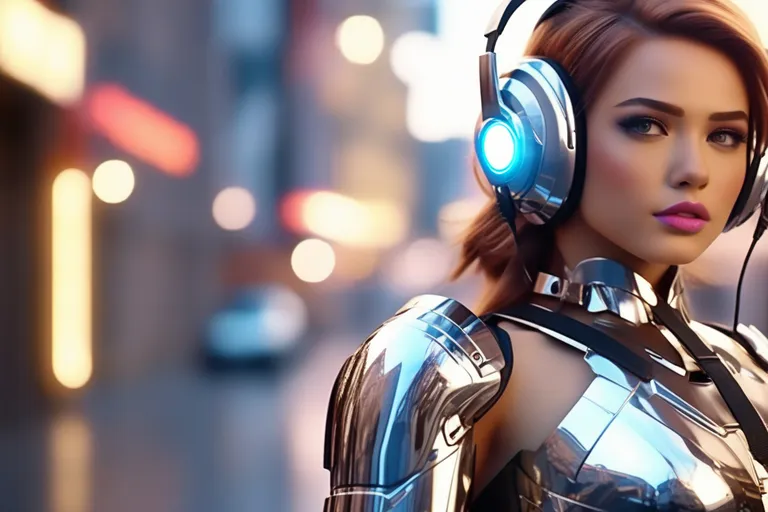 a woman wearing headphones and a suit