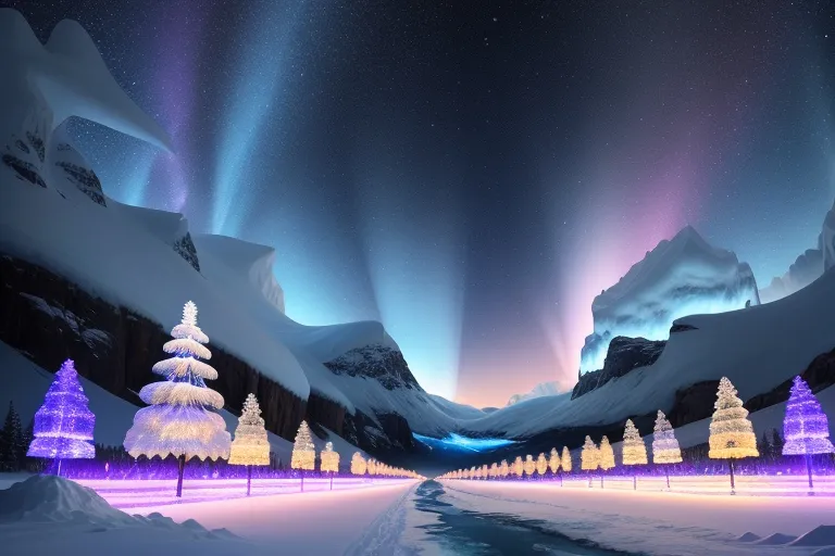 a night scene of a snowy road with christmas trees and aurora lights