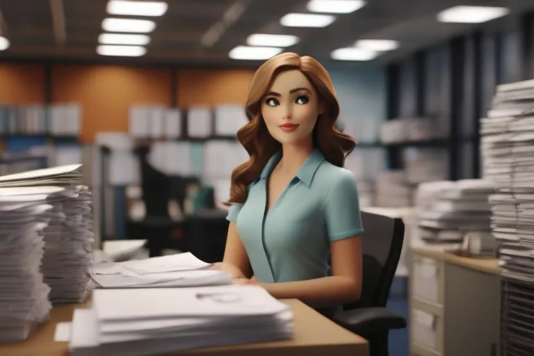 a woman sitting at a desk with stacks of papers