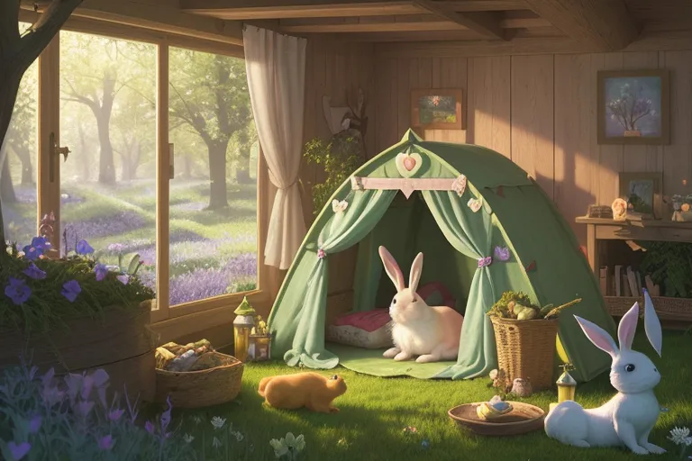 a rabbit is sitting in a tent in the grass