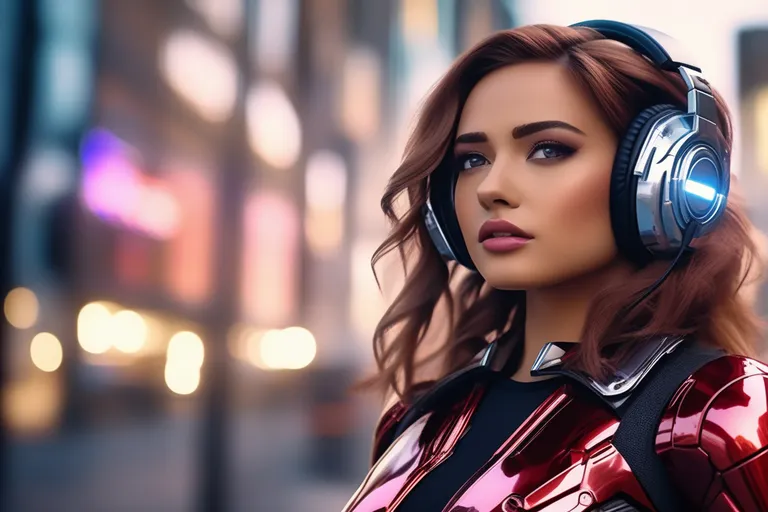 a woman wearing headphones standing on a city street