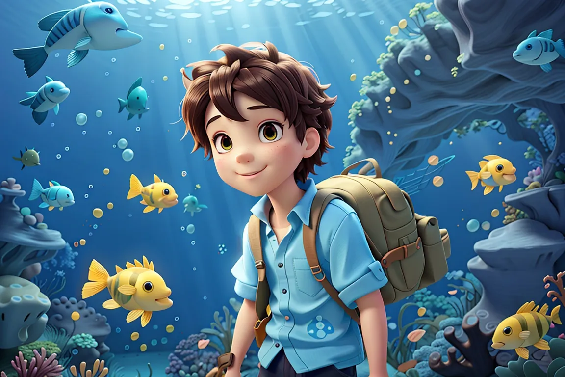 a boy with a backpack standing in front of an underwater scene