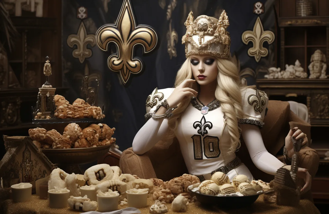 a woman in a costume sitting at a table with a plate of food