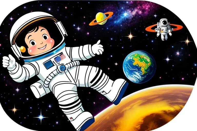 a boy in an astronaut suit flying through space