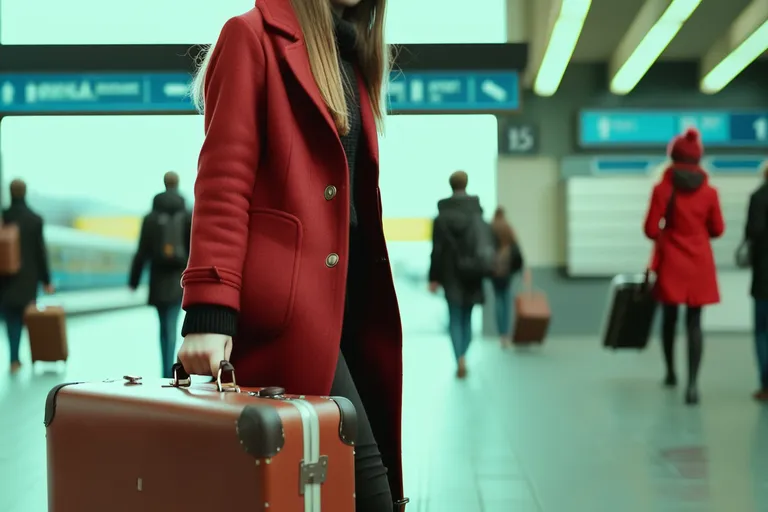 A girl with a suitcase in her hand walks through the train station to the exit