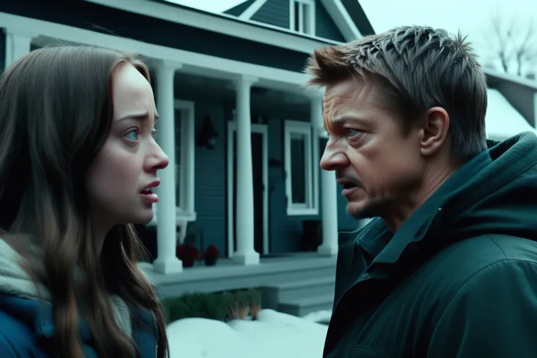 Guy 20 years old who looks like Jeremy Renner argues with girl 20 years old who looks like Emily Blunt at his house, winter, photorealism, cinematic, 64K