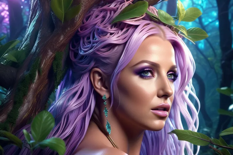 Highly detailed hyper realistic Britney Spears as a intricate detailed stunning fantasy creature covered in roots and connected to tree’s in a beautiful magical forest with pastel neon coloring and lighting, impressive pastel purple hair blowing in the wind, ultra detailed face with gorgeous make-up and symmetrical intricate brown realistic detailed eyes, atmospheric soft blue lighting, 8k octane render, as real as possible, beauty shot, masterpiece, musicvideo, surreal landscape, magical, epic, highly cinematic, 