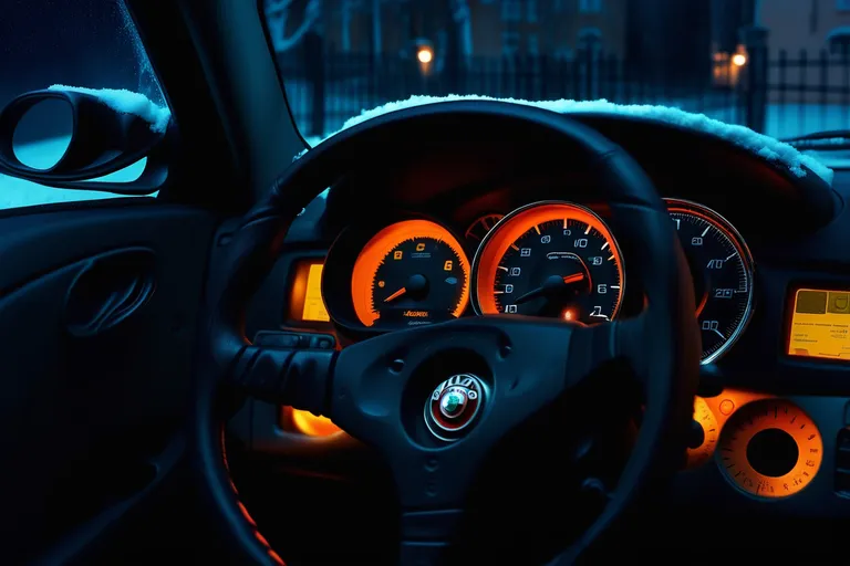  in the frame Alfa Romeo 156 dashboard close-up at night, orange dashboard lighting, tachometer hand twitching, winter, courtyard, cinematic, beautiful