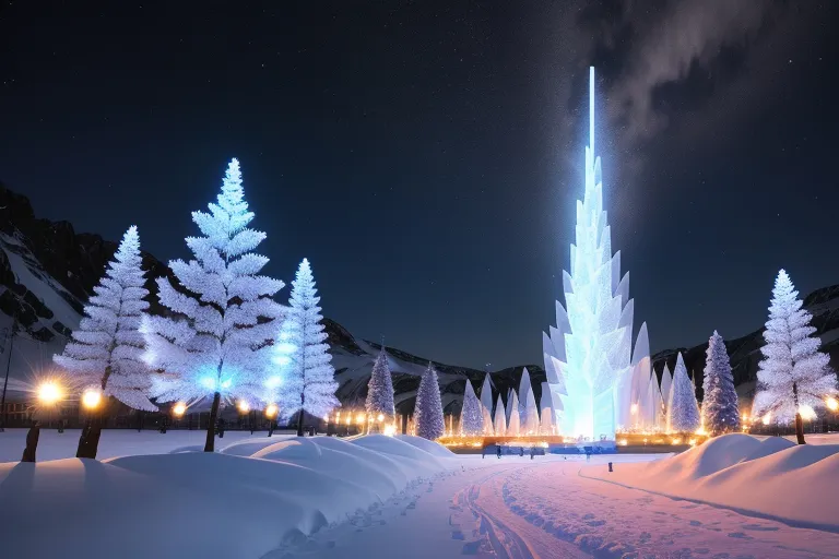 a snowy landscape with trees and buildings lit up at night