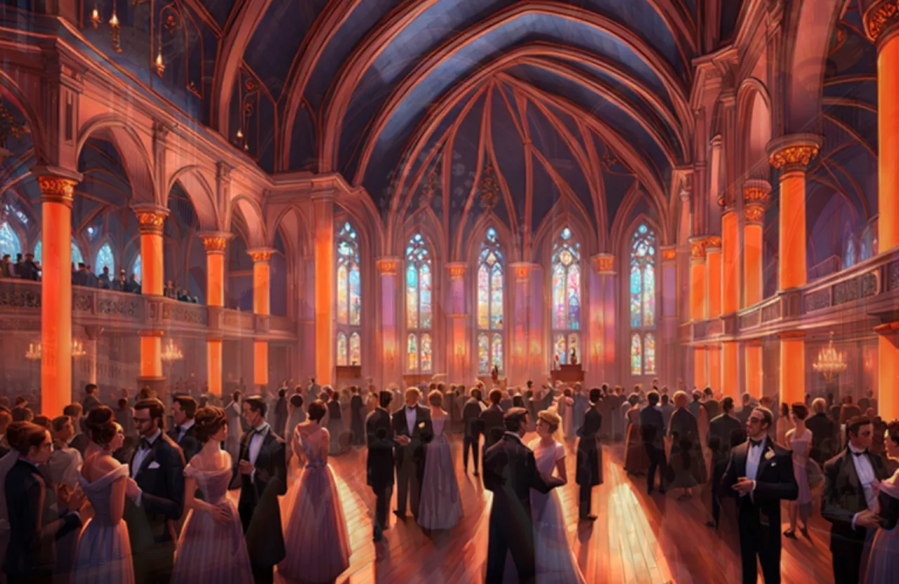 “Very crowded victorian ball inside of a Highly detailed old Victorian church, the ballroom in the church is decorated with modern pastel orange neon lighting and atmospheric blue cinematic lighting, people are dancing everywhere, the church is packed, but they are dancing to a modern club beat, disco lighting, smoke,,church turning into club 