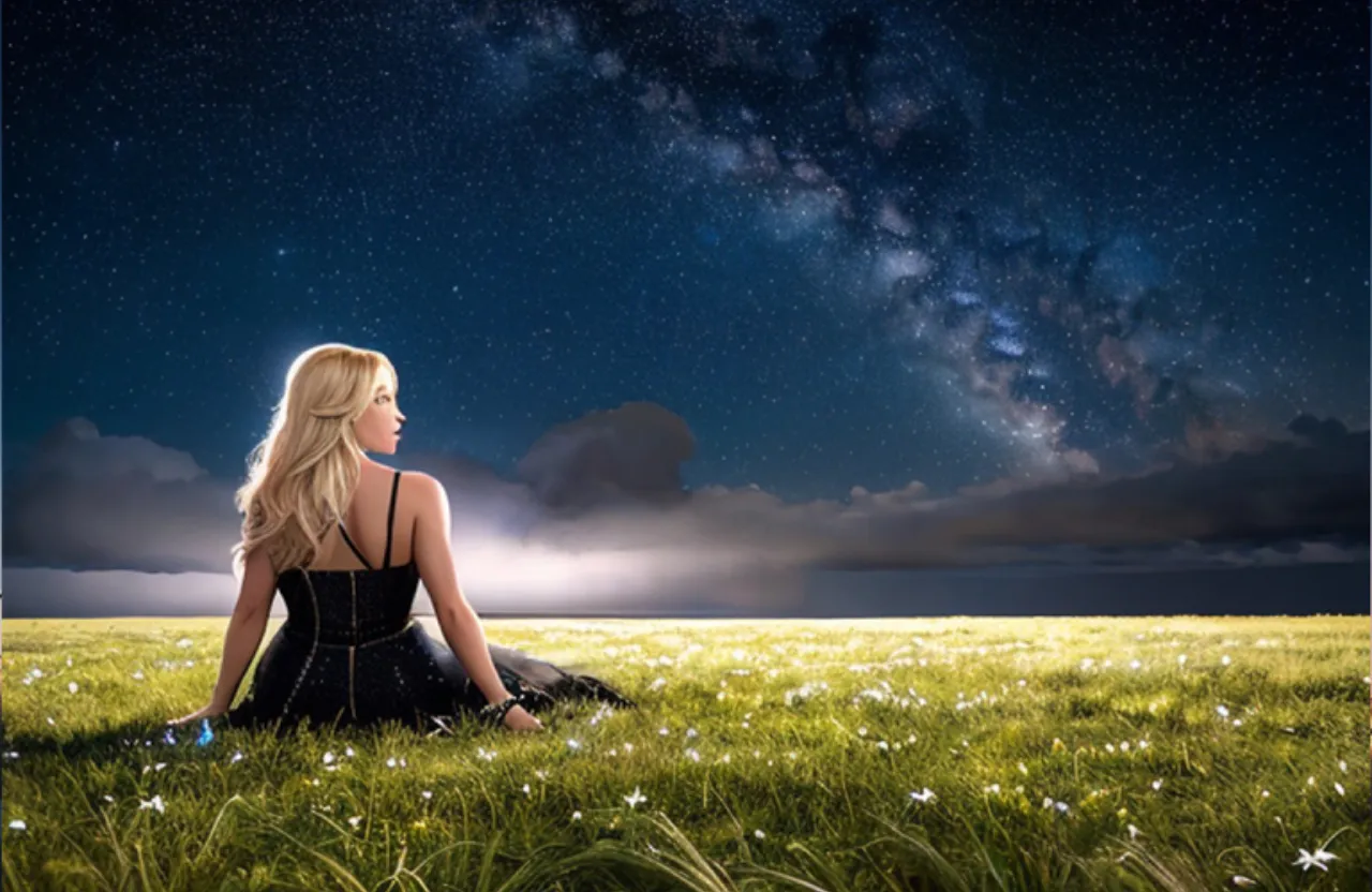 Highly detailed and realistic stunning Britney Spears sitting in a field looking up at the sky and stars