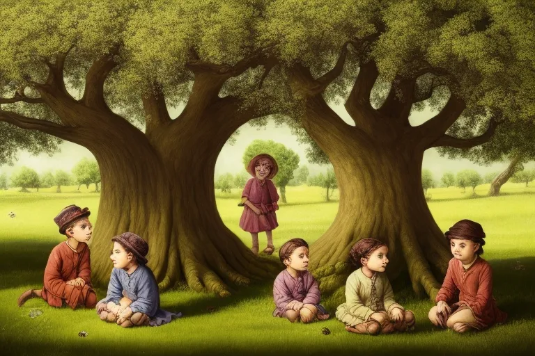 Children enchanted under a fairy tree in an enchanted forest