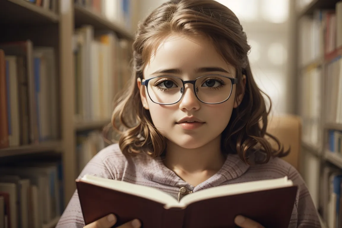 a little girl reading a book in a library