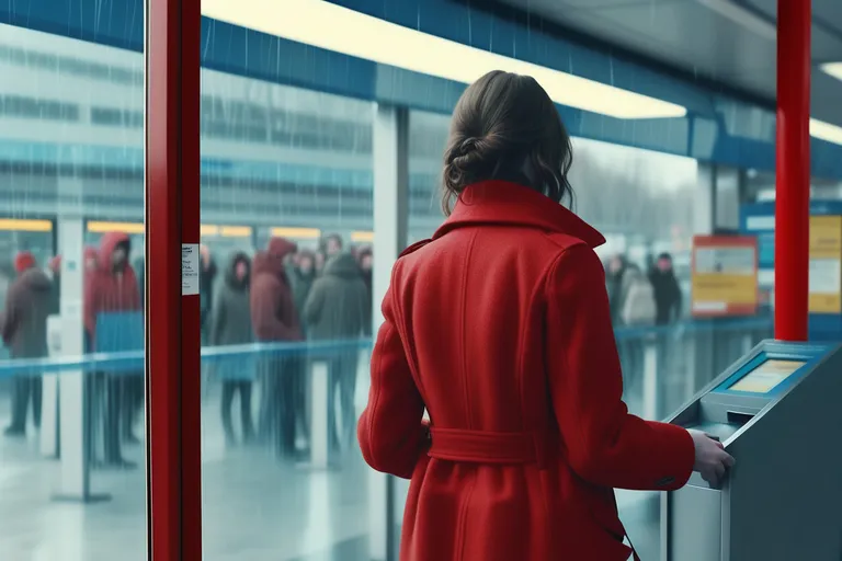 a woman in a red coat looking at a ticket machine