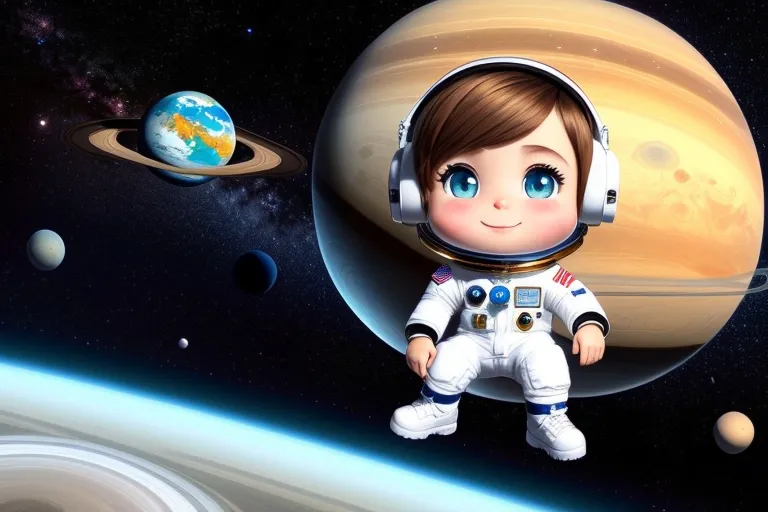 a little boy in a space suit standing in front of a planet