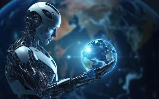 a robot holding a globe in his hands