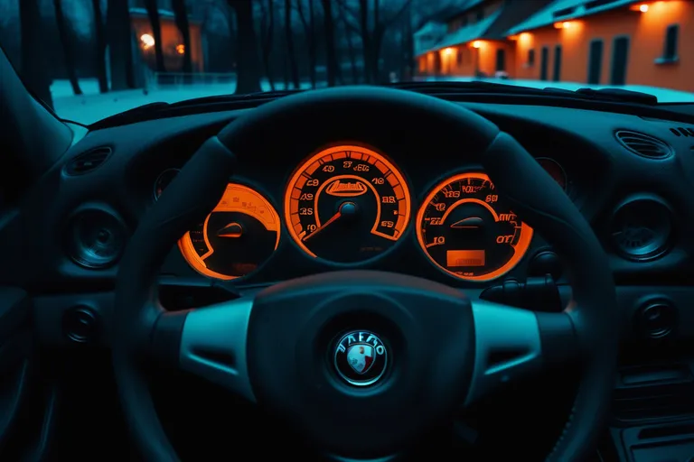  in the frame Alfa Romeo 156 dashboard close-up at night, orange dashboard illumination, tachometer arrow rises sharply up, winter, micro detail, hyper realism, yard, cinematic, beautiful