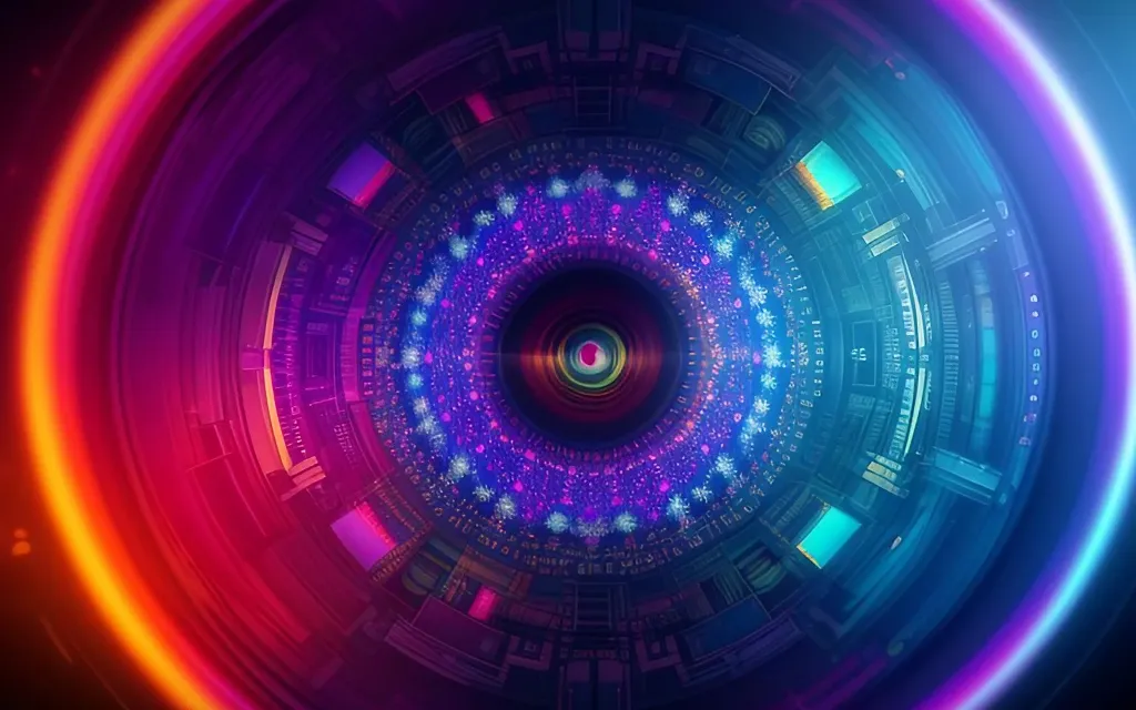 A 3D animation flying around colorful circular shapes for 10 seconds, inspired by image 4