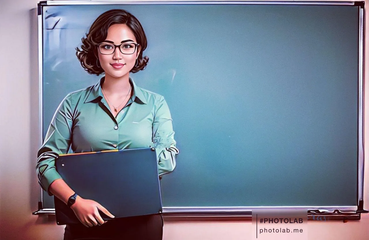 Teacher with pointing at green board 