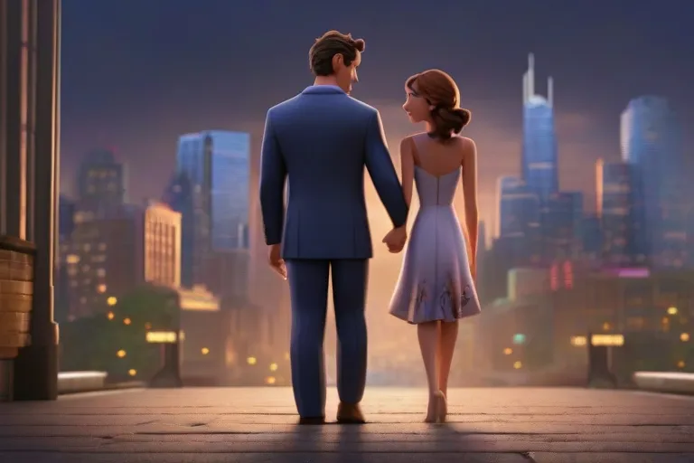 a man and a woman standing in front of a city, holding hands