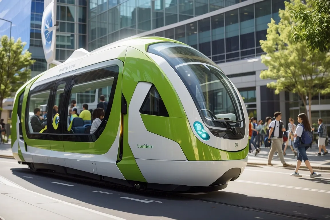 a green and white train traveling down a street