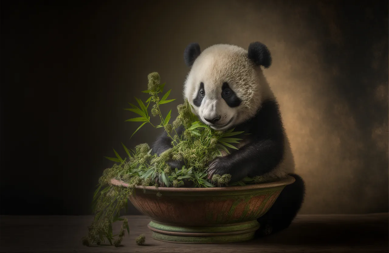 a panda bear sitting on top of a wooden bowl