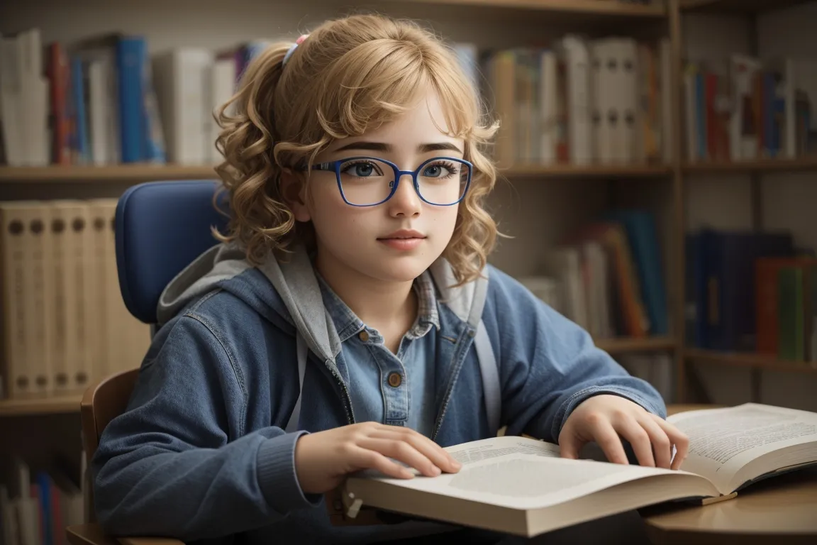 a young girl wearing glasses is reading a book