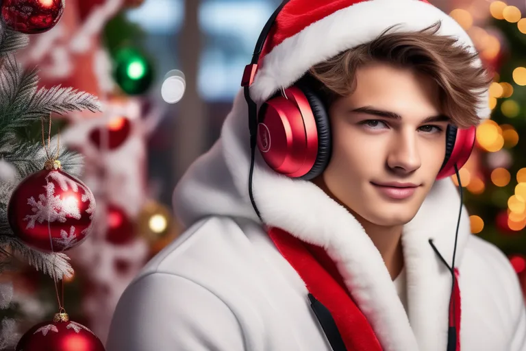 a young man wearing headphones and a santa hat