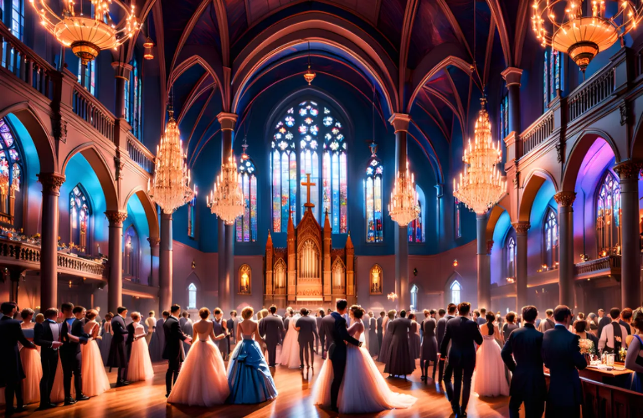 Very crowded victorian ball inside of a Highly detailed old Victorian church, the ballroom in the church is decorated with modern pastel orange neon lighting and atmospheric blue cinematic lighting, people are dancing everywhere, the church is packed, but they are dancing to a modern club beat