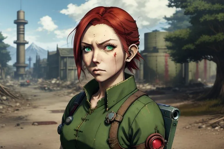 a woman with red hair and green eyes stands in front of a ruined city, dragons and ufos fly overhead