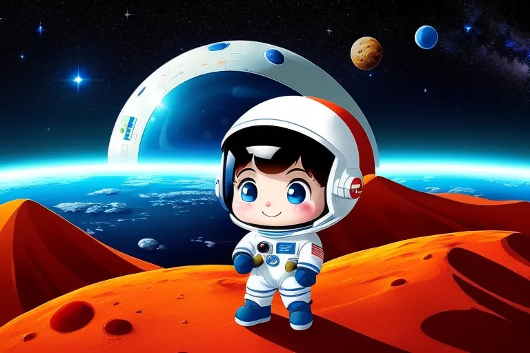 a cartoon boy in a space suit standing on top of a red planet