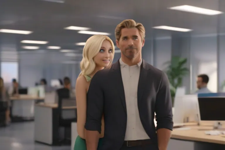 a woman standing next to a man in an office