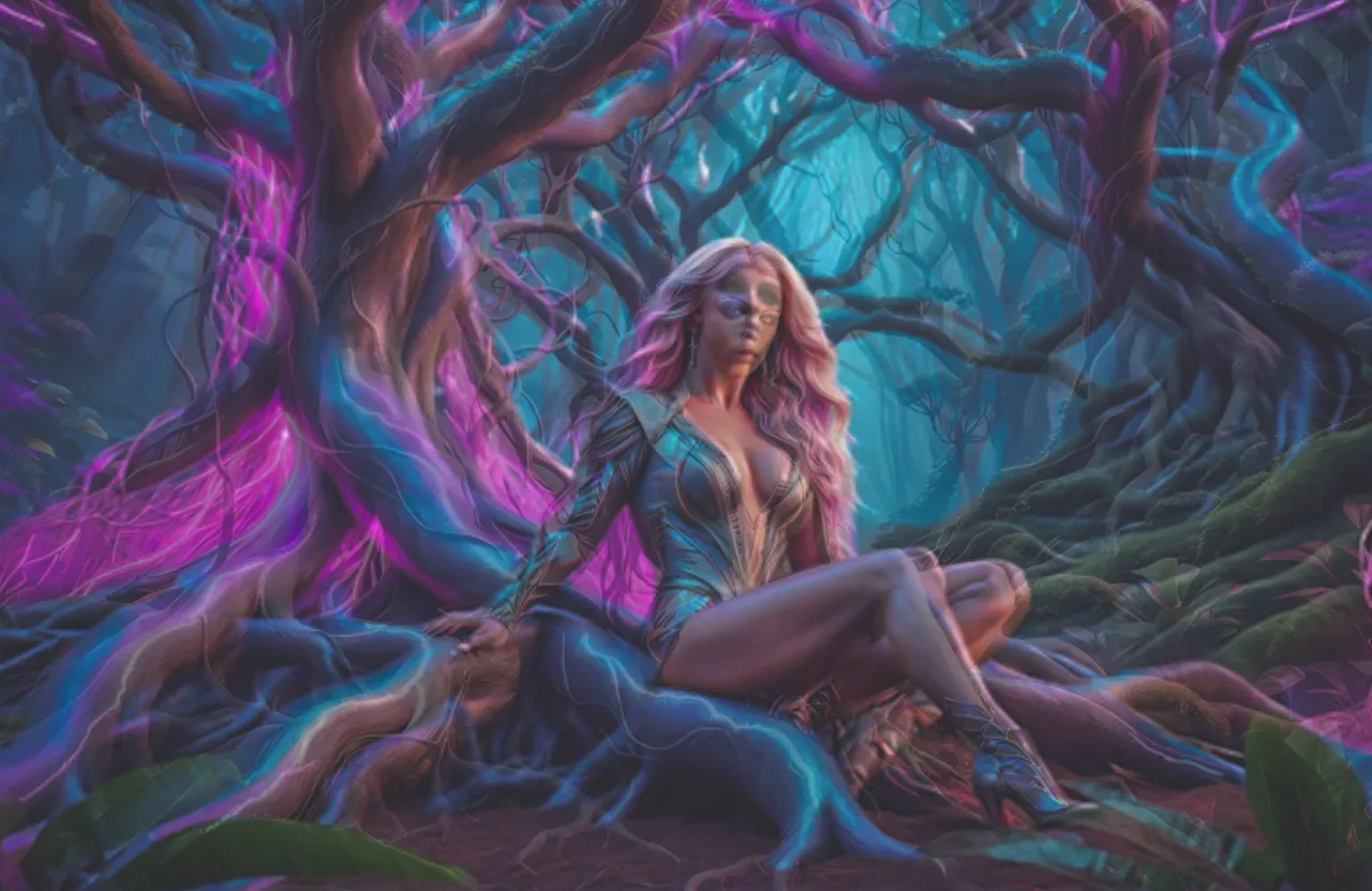 Highly detailed and hyper realistic Britney Spears as a stunning intricate and detailed surreal fantasy creature covered in roots and connected to all tree’s in a beautiful forest with pastel neon coloring and lighting, impressive pastel purple straight hair, ultra detailed face and symmetrical intricate brown Smokey eyes, 8k octane render, as real as possible, masterpiece, experimental, musicvideo landscape, ultra hd, realistic, vivid colors, highly detailed, UHD drawing, pen and ink, perfect composition, beautiful detailed intricate insanely detailed octane render trending on artstation, 8k artistic photography, photorealistic concept art, soft natural volumetric cinematic perfect light