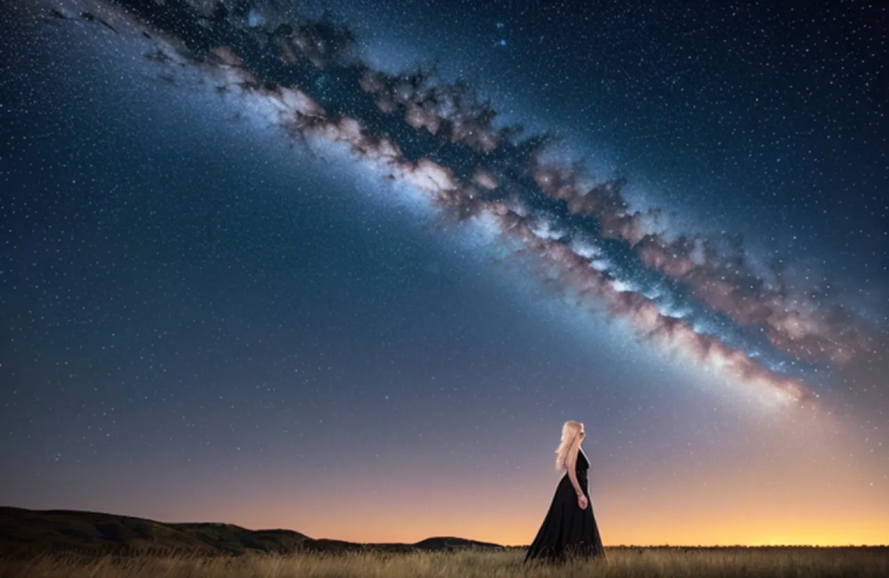 Highly detailed and stunning Britney Spears walking in a field under a night sky filled with stars and mysterious colors