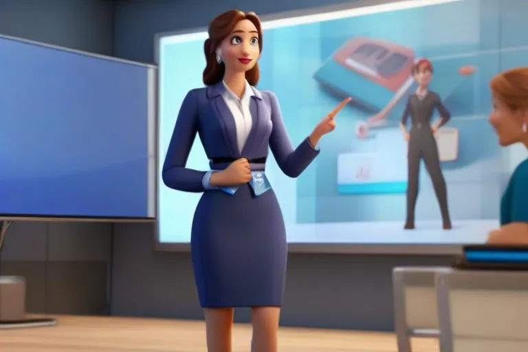 a woman in a business suit standing in front of a projector screen