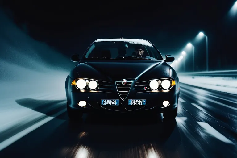 Dark night, Close-up of a black car Alfa Romeo 156 with a man behind the wheel, with lights on, rushing along the night highway, speed, heavy snow, cinematic.