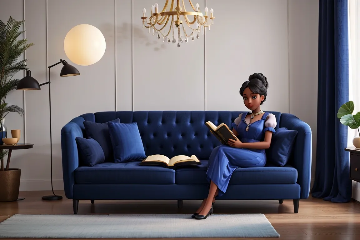 an elegant black lady is sitting on a plush royal blue velvet sofa chair in a minimalist townhouse living room, she is reading a bible.