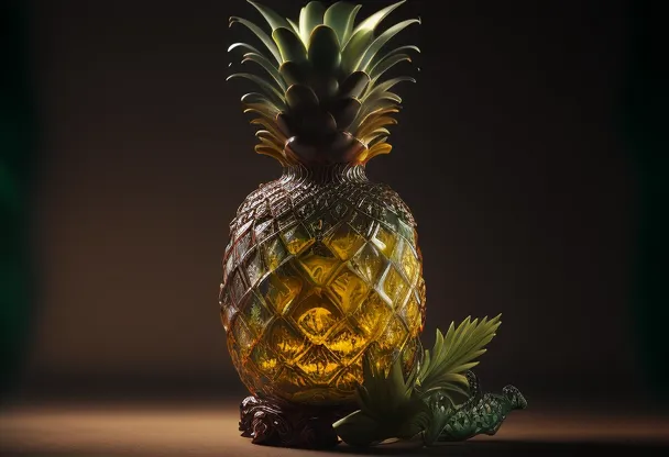 a glass pineapple sitting on top of a table. plant, terrestrial plant, ananas, pineapple, arecales, vase, houseplant, artifact, flowerpot, fruit