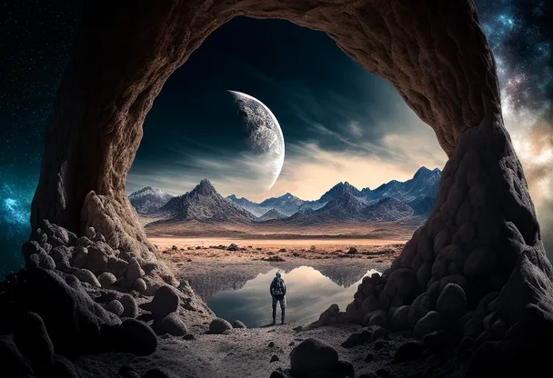 a man standing in a cave looking at the moon. cloud, sky, atmosphere, world, light, flash photography, body of water, mountain, snow, atmospheric phenomenon