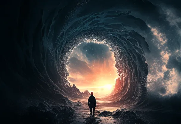 a man standing in front of a giant wave. sky, cloud, flash photography, astronomical object, cave, wind wave, landscape, recreation, heat, geological phenomenon