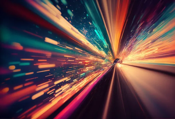 an abstract image of a colorful tunnel of light. colorfulness, purple, orange, magenta, tints and shades, electric blue, technology, visual effect lighting, symmetry, space