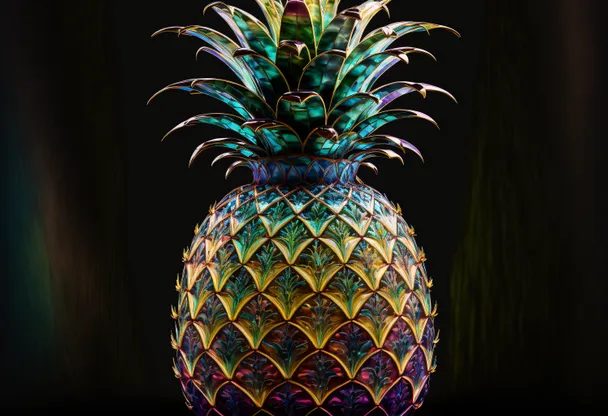 a brightly colored pineapple on a black background. plant, terrestrial plant, arecales, art, vase, houseplant, symmetry, tints and shades, electric blue, flowerpot