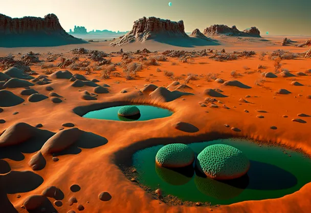 a computer generated image of a desert landscape. sky, photograph, ecoregion, water, light, nature, natural landscape, natural environment, azure, cloud