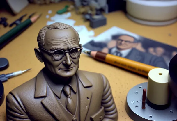 a close up of a statue of a man on a desk. art, eyewear, serveware, visual arts, toy, suit, hat, wood, animation, sculpture