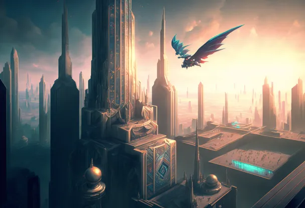 a bird flying over a city with tall buildings. atmosphere, skyscraper, bird, world, light, building, tower block, architecture, atmospheric phenomenon, art