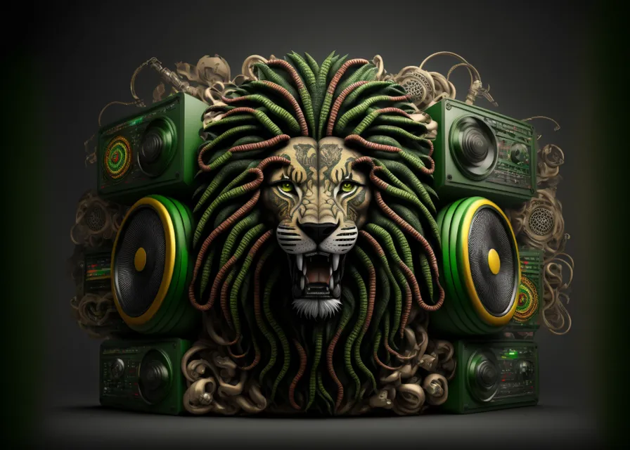 a lion head is surrounded by speakers that are pumping with powerful reggae music