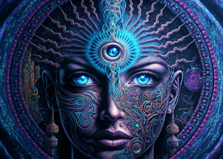 energy radiates from the third of of a woman with psychadelic vibrations