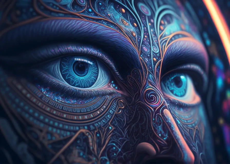 a close up of a person's face with blue eyes. the eyes shift from place plays while the symbols on their face transform into yin yang